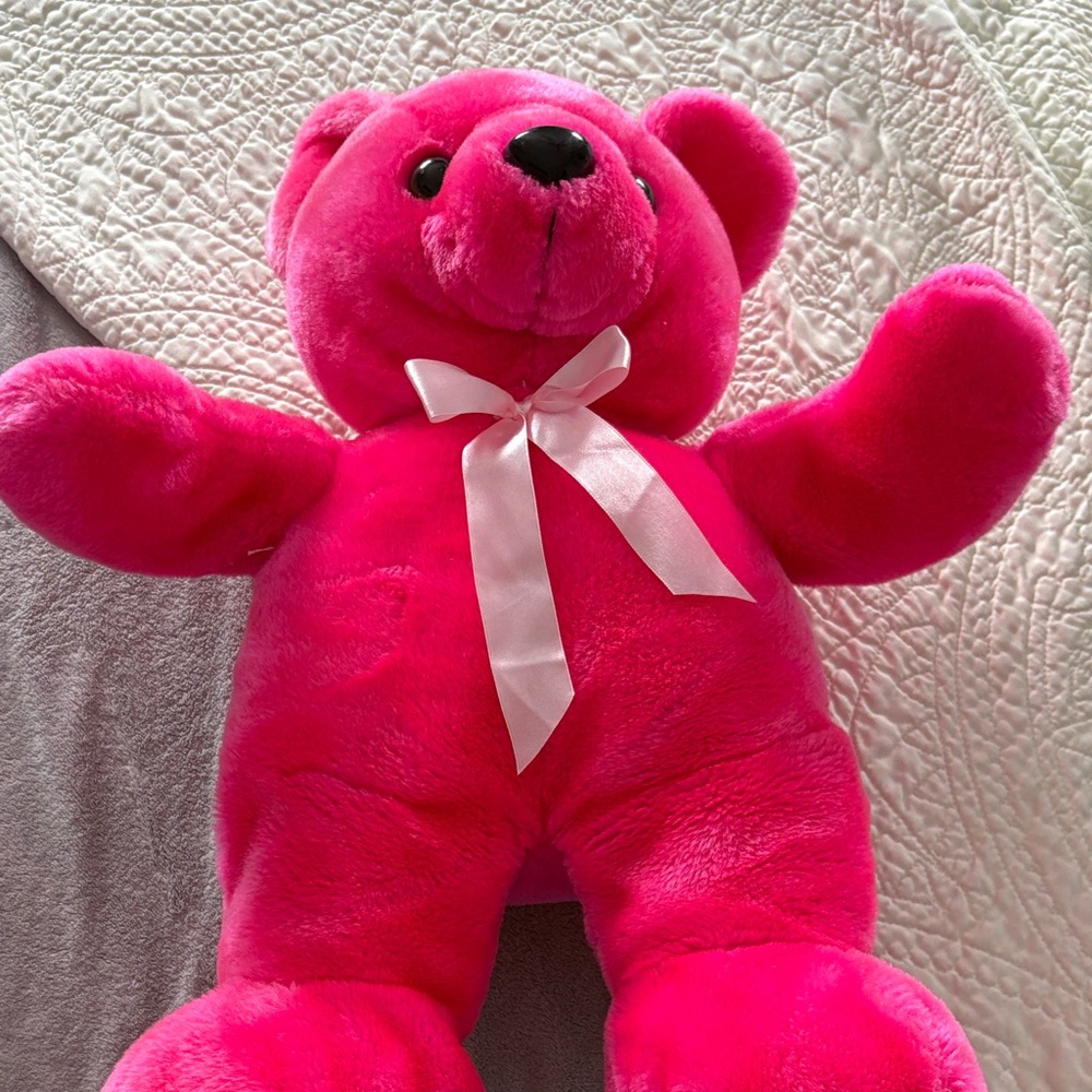 Vibrant Pink Stuffed Bear with Bow